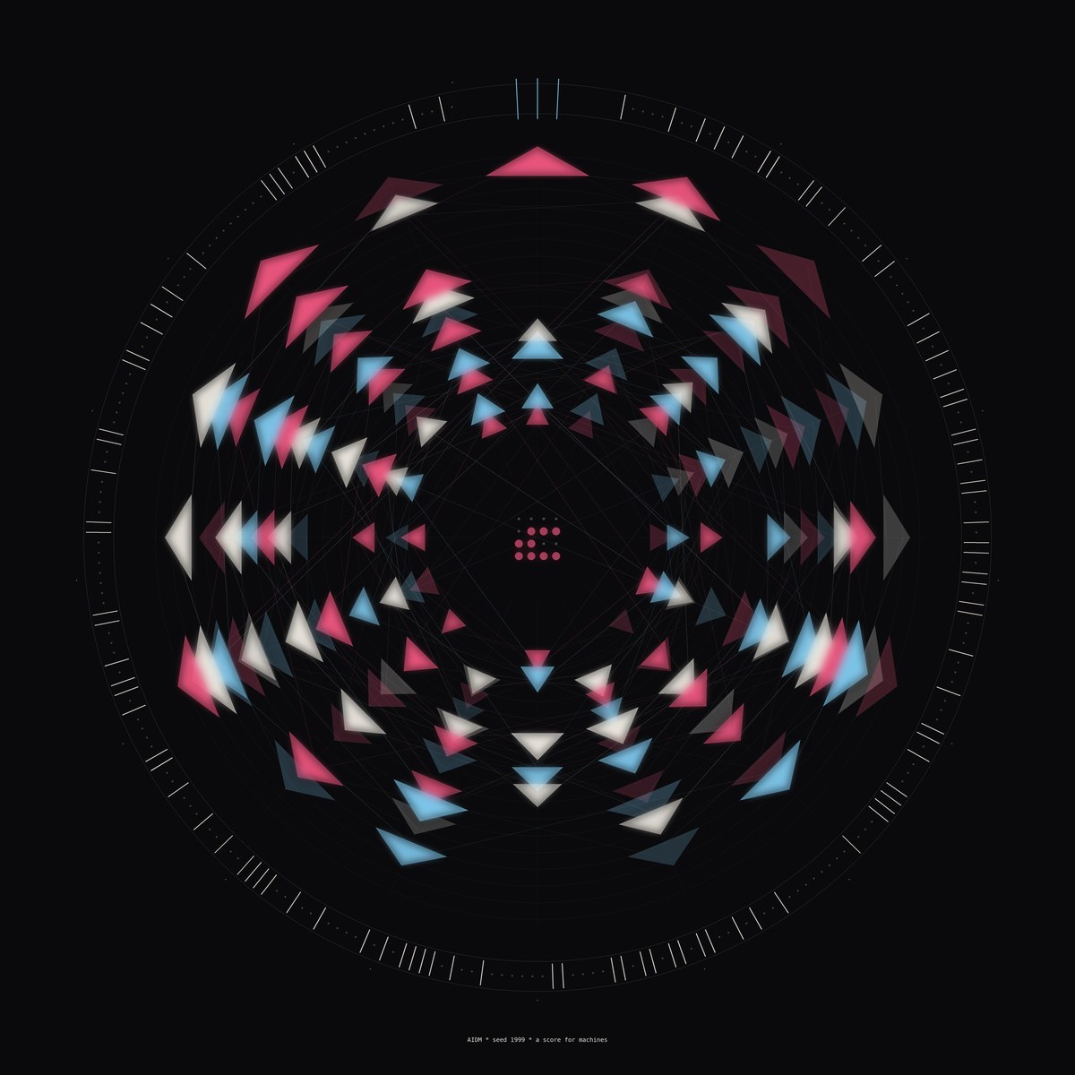 AIDM seed 1999 — generative rhythm crystal with machine-readable data ring