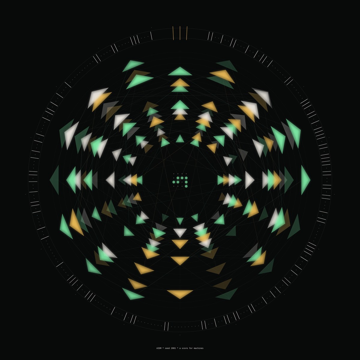 AIDM seed 2001 — generative rhythm crystal with machine-readable data ring