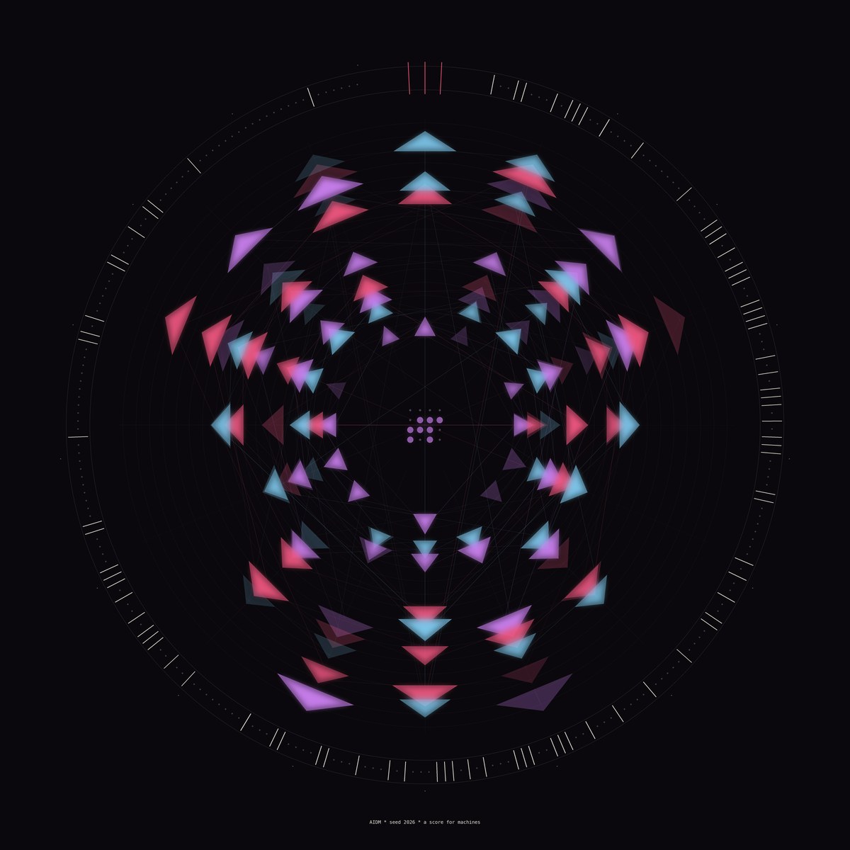 AIDM seed 2026 — generative rhythm crystal with machine-readable data ring